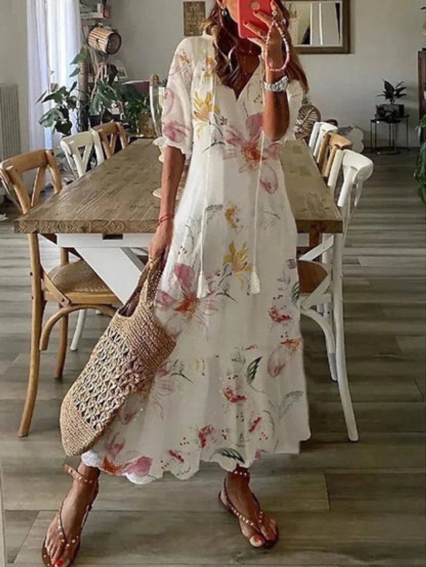 Women's Boho V-Neck Tassel-Tie Flowy Midi Dress