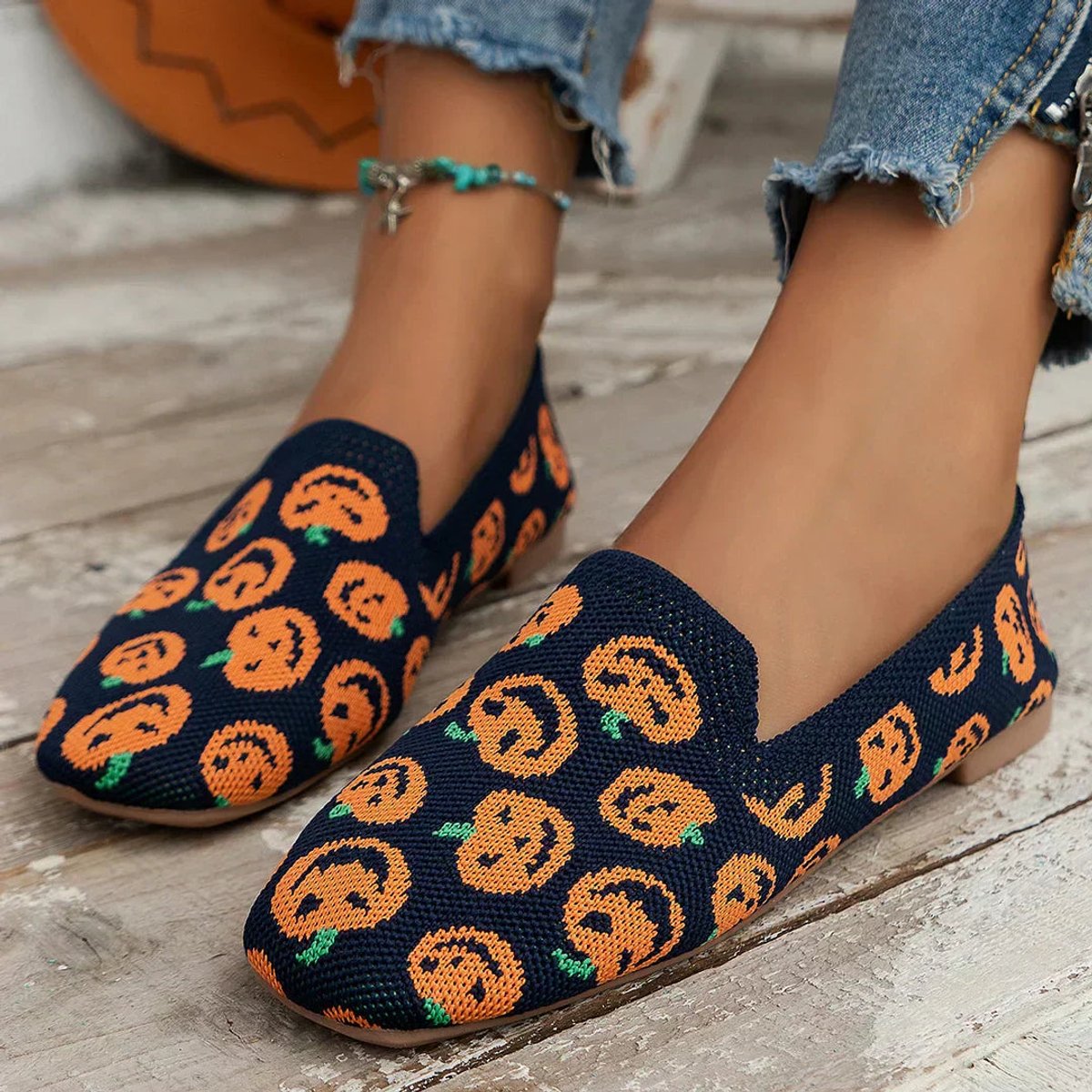 Women's Breathable Knit Slip-On Square-Toe Flat Loafers