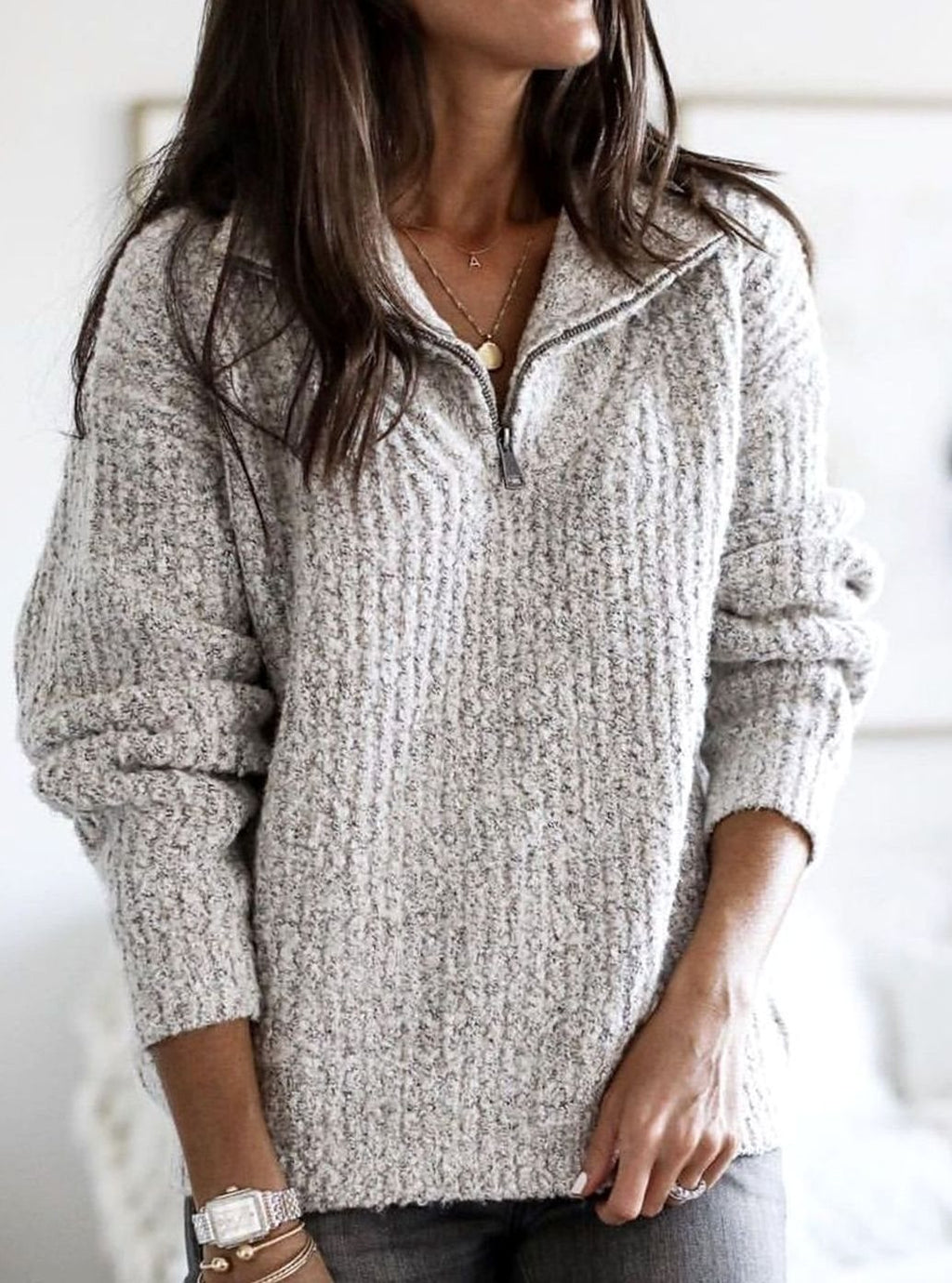 Women's Cable-Knit Quarter-Zip Pullover Ribbed Sweater