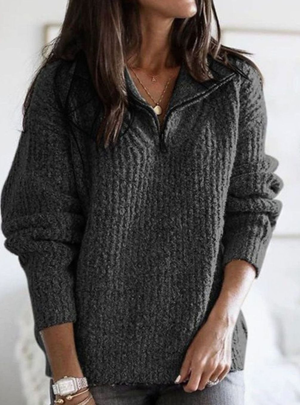 Women's Cable-Knit Quarter-Zip Pullover Ribbed Sweater