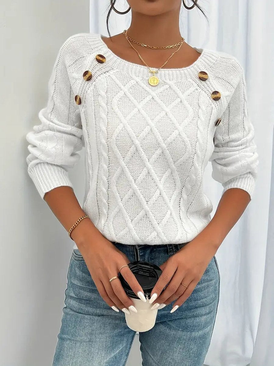 Women's Cable Knit Sweater Raglan-Sleeve Button-Detail Pullover