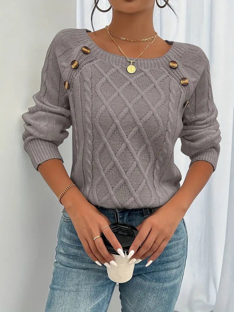 Women's Cable Knit Sweater Raglan-Sleeve Button-Detail Pullover