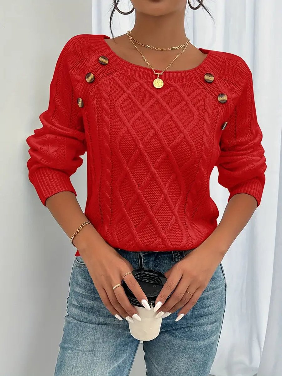 Women's Cable Knit Sweater Raglan-Sleeve Button-Detail Pullover
