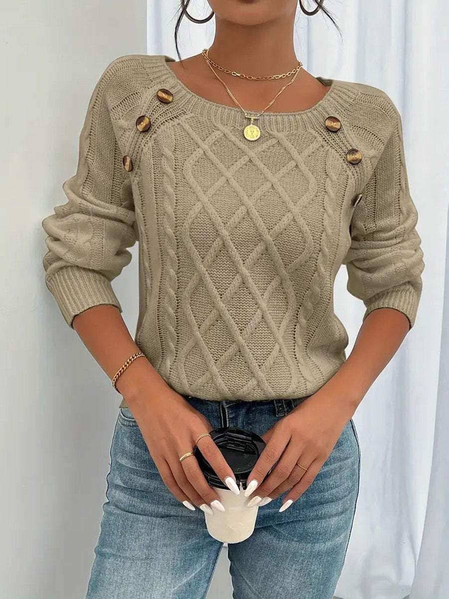 Women's Cable Knit Sweater Raglan-Sleeve Button-Detail Pullover
