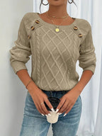 Women's Cable Knit Sweater Raglan-Sleeve Button-Detail Pullover