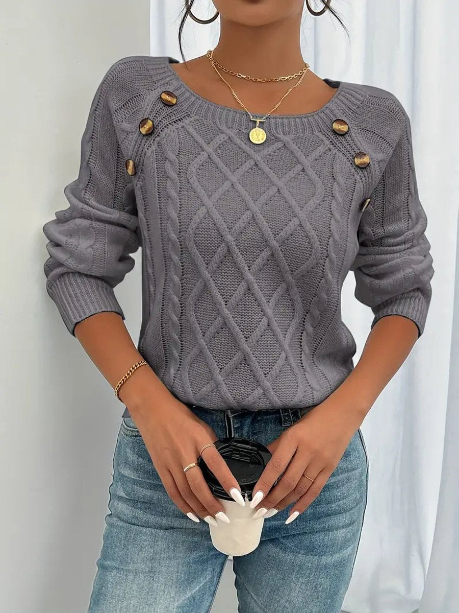 Women's Cable Knit Sweater Raglan-Sleeve Button-Detail Pullover