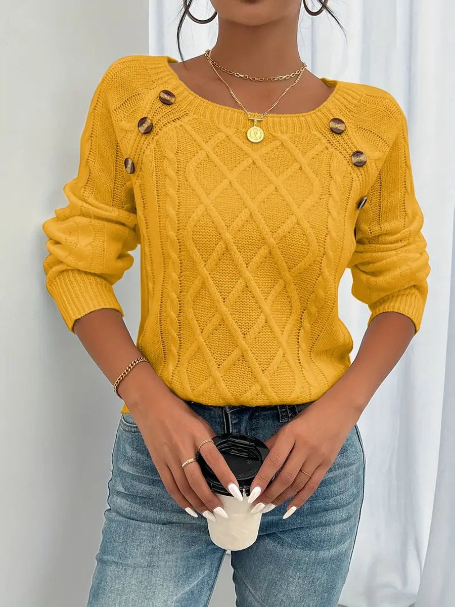 Women's Cable Knit Sweater Raglan-Sleeve Button-Detail Pullover