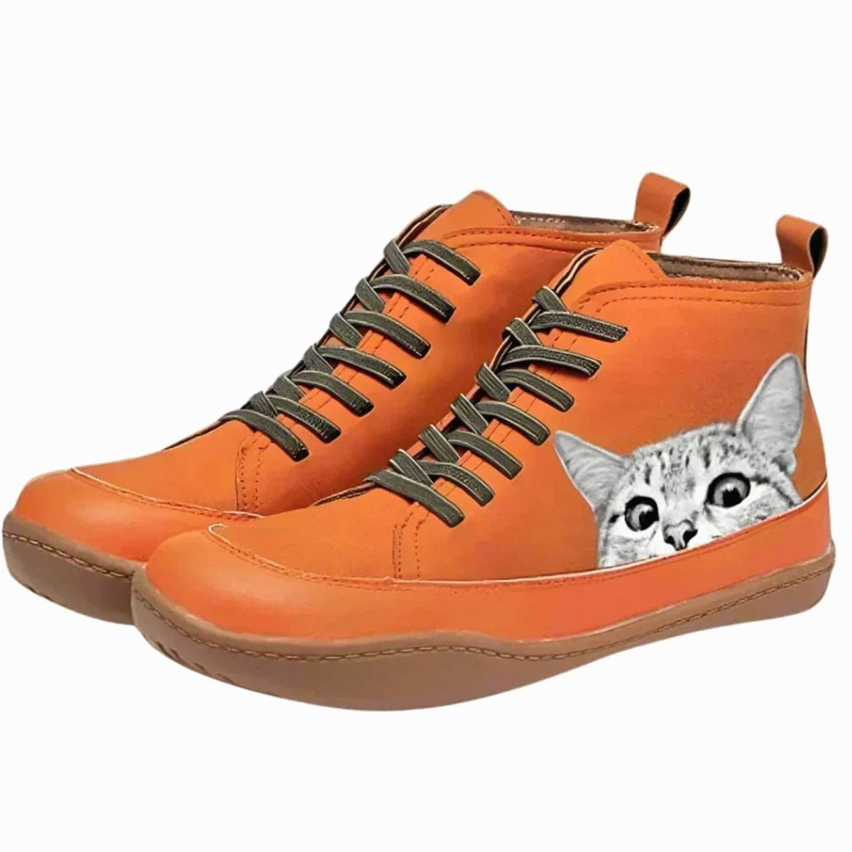 Women's Playful Cat Graphic Booties with Olive Laces - Orange