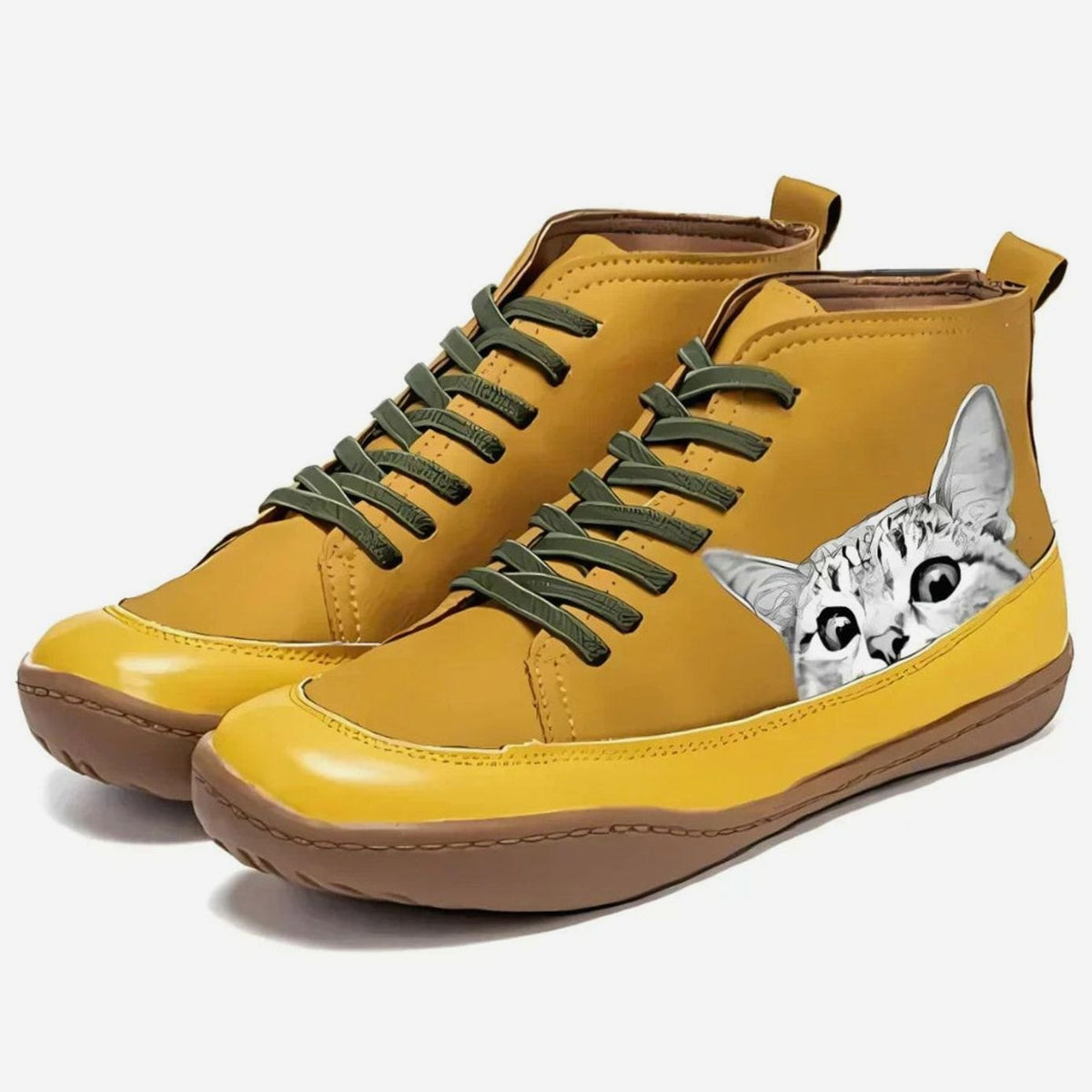 Women's Playful Cat Graphic Booties with Olive Laces - Yellow