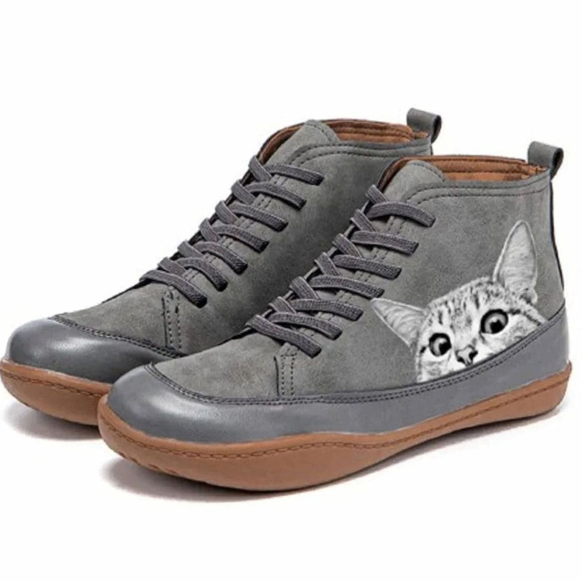 Women's Playful Cat Graphic Booties with Olive Laces - Gray