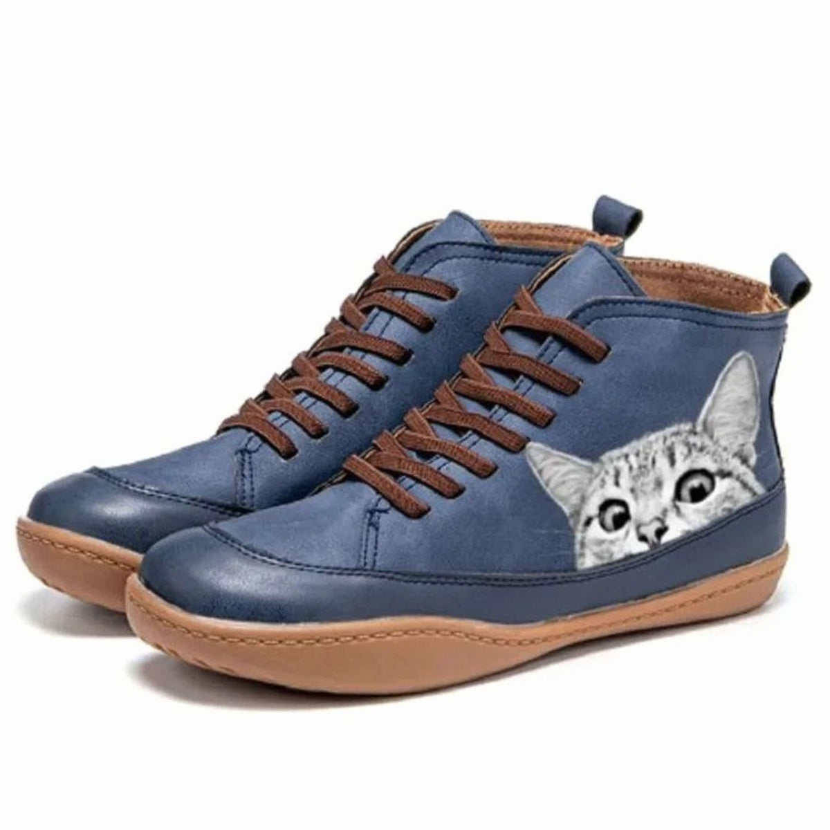 Women's Playful Cat Graphic Booties with Olive Laces - Blue