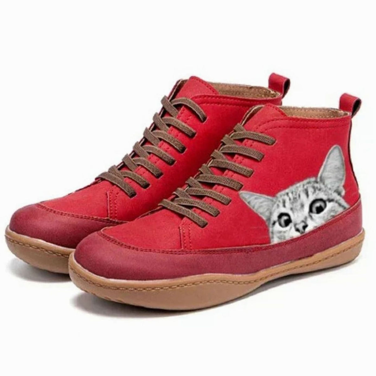 Women's Playful Cat Graphic Booties with Olive Laces - Red