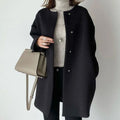 Women's Minimal Round Neck Longline Coat with Snap Closure - Black