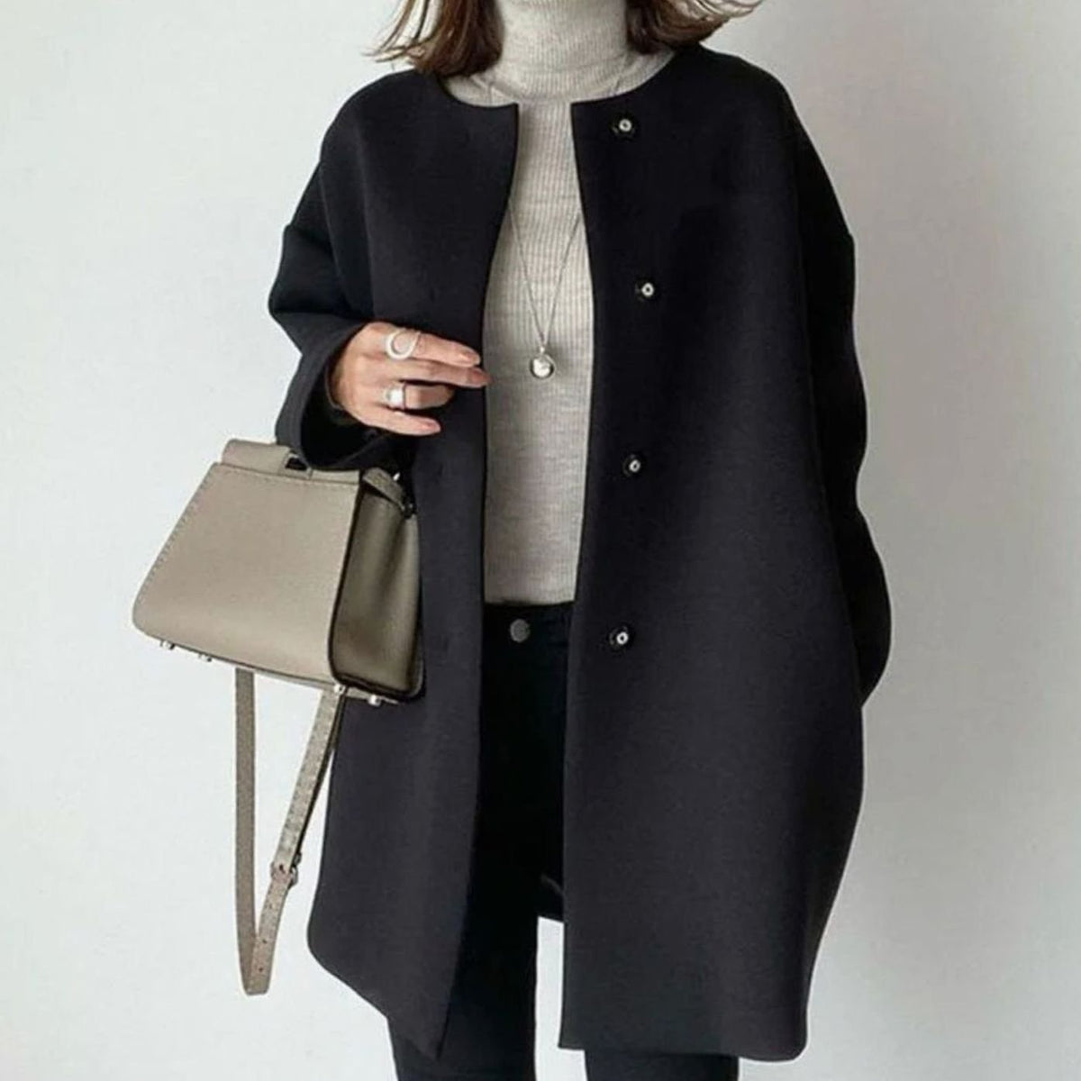 Women's Minimal Round Neck Longline Coat with Snap Closure - Black