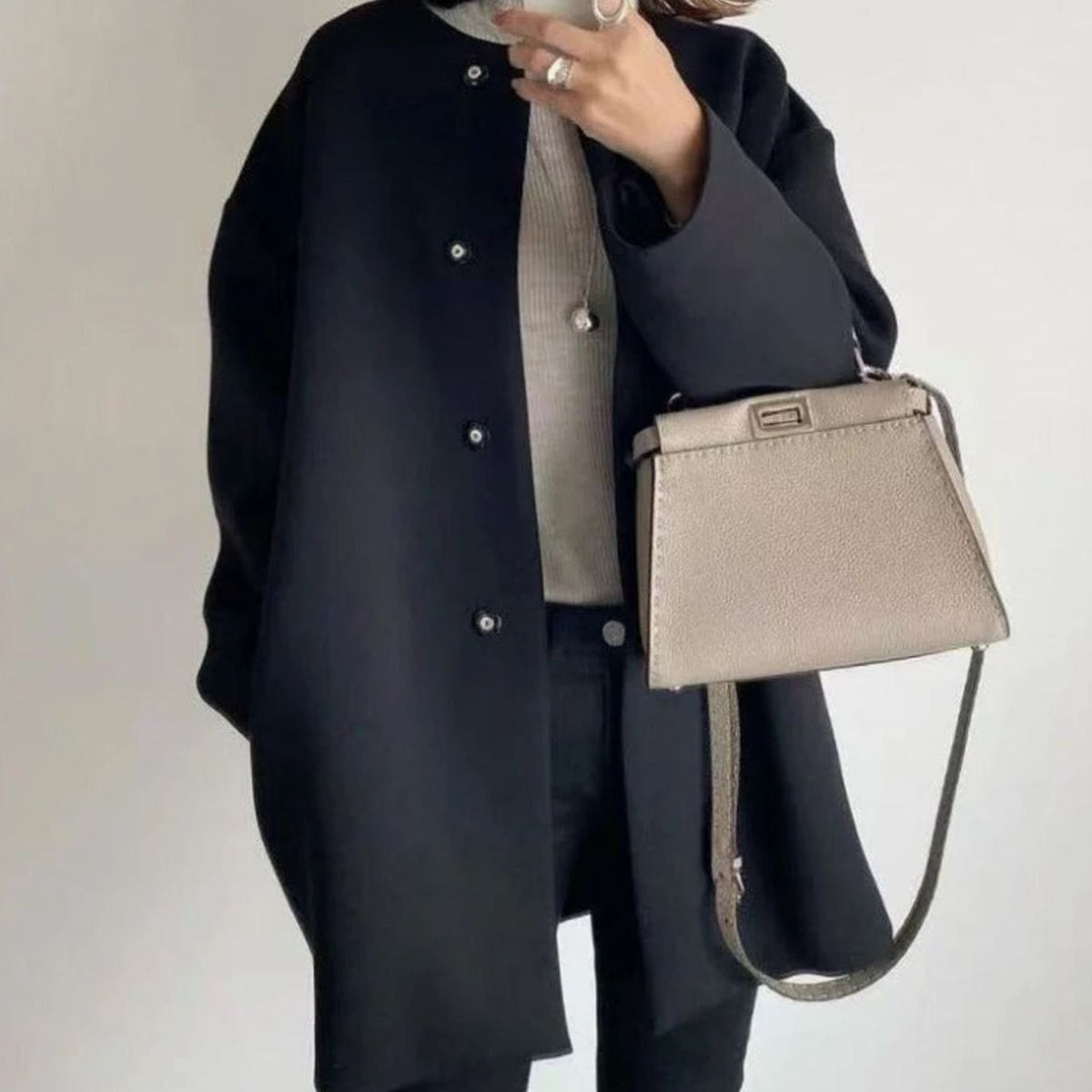 Women's Minimal Round Neck Longline Coat with Snap Closure