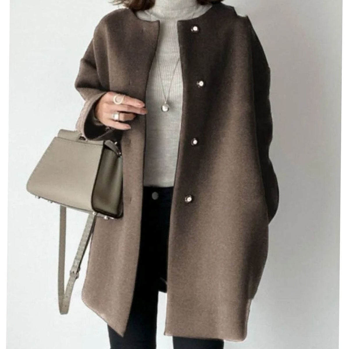 Women's Minimal Round Neck Longline Coat with Snap Closure - Brown