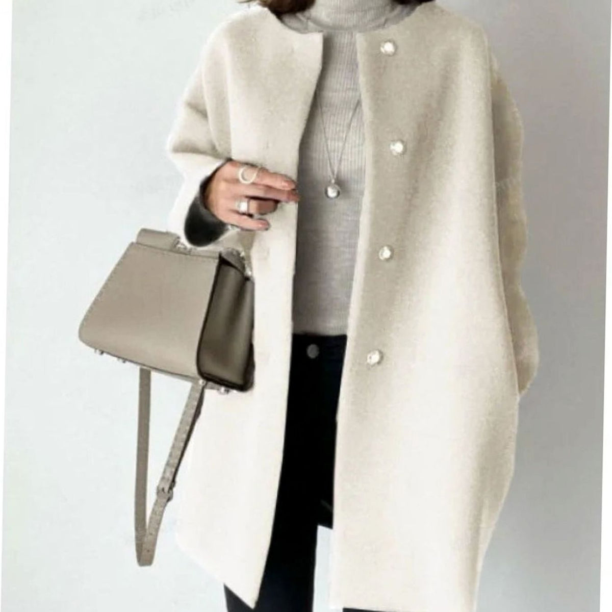 Women's Minimal Round Neck Longline Coat with Snap Closure - White
