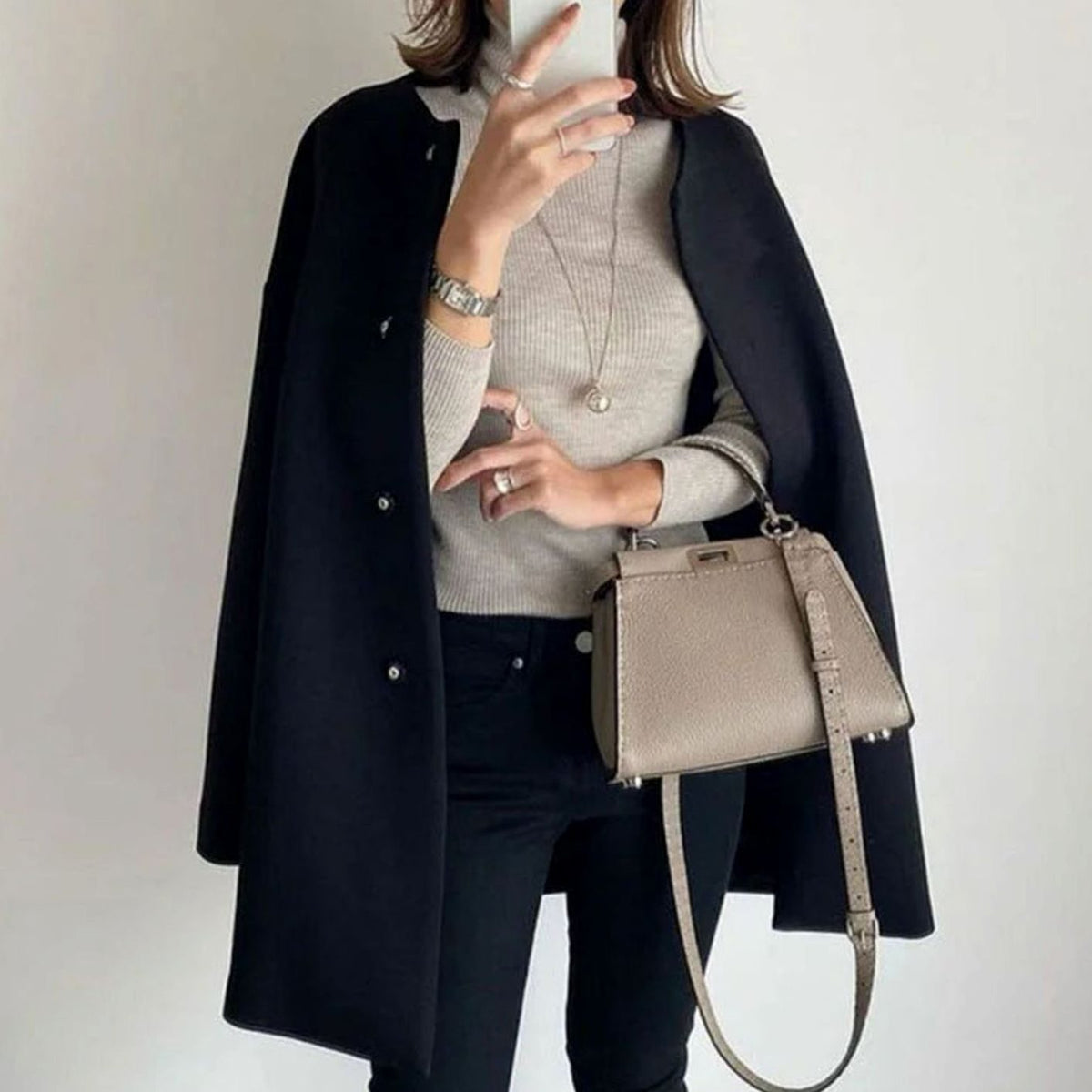 Women's Minimal Round Neck Longline Coat with Snap Closure