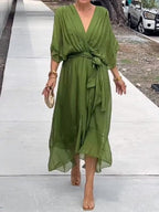Women's Chiffon V-Neck Belted Midi Cocktail Party Dress
