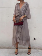 Women's Chiffon V-Neck Belted Midi Cocktail Party Dress