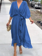 Women's Chiffon V-Neck Belted Midi Cocktail Party Dress