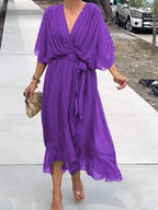 Women's Chiffon V-Neck Belted Midi Cocktail Party Dress