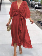 Women's Chiffon V-Neck Belted Midi Cocktail Party Dress