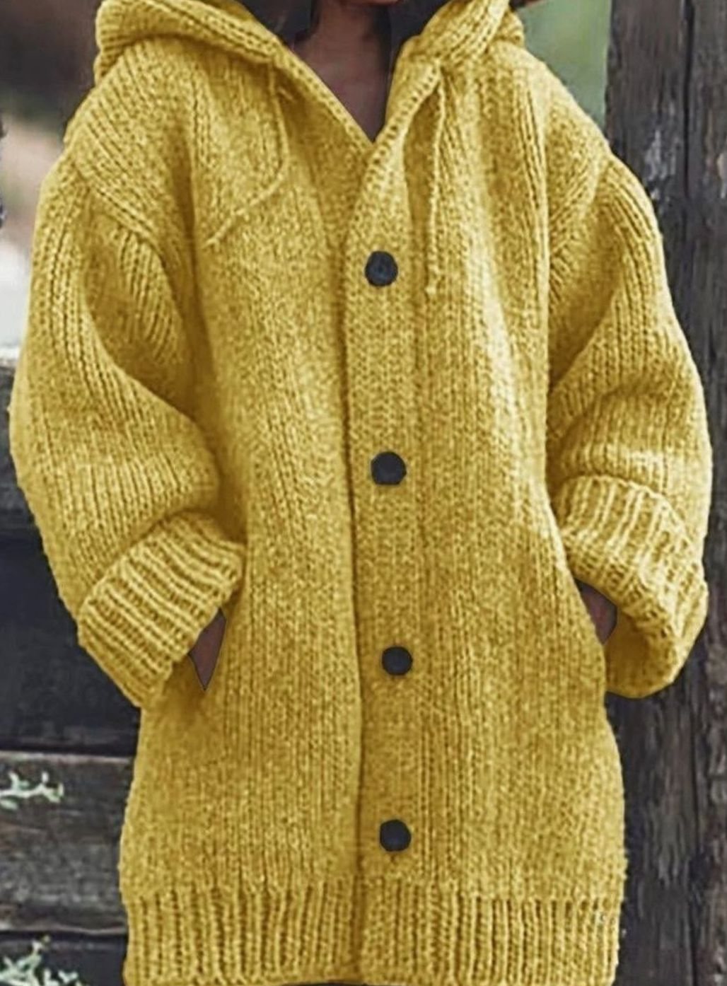 Women's Slouchy Hooded Knit Cardigan with Side Pockets - Yellow