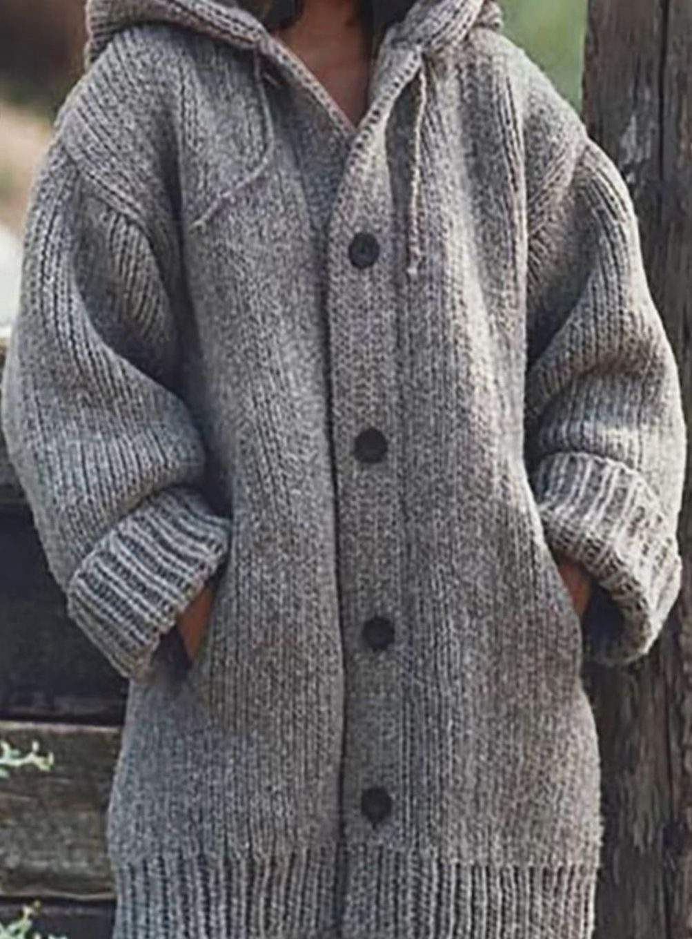 Women's Slouchy Hooded Knit Cardigan with Side Pockets - Gray