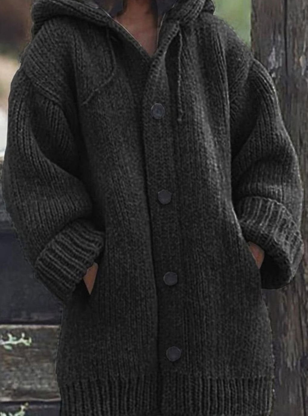 Women's Slouchy Hooded Knit Cardigan with Side Pockets - Black