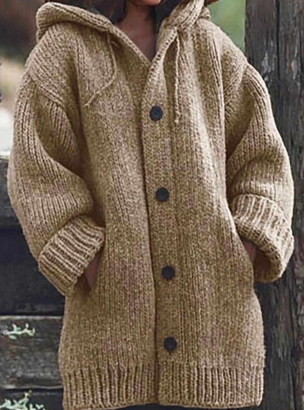 Women's Slouchy Hooded Knit Cardigan with Side Pockets - Khaki