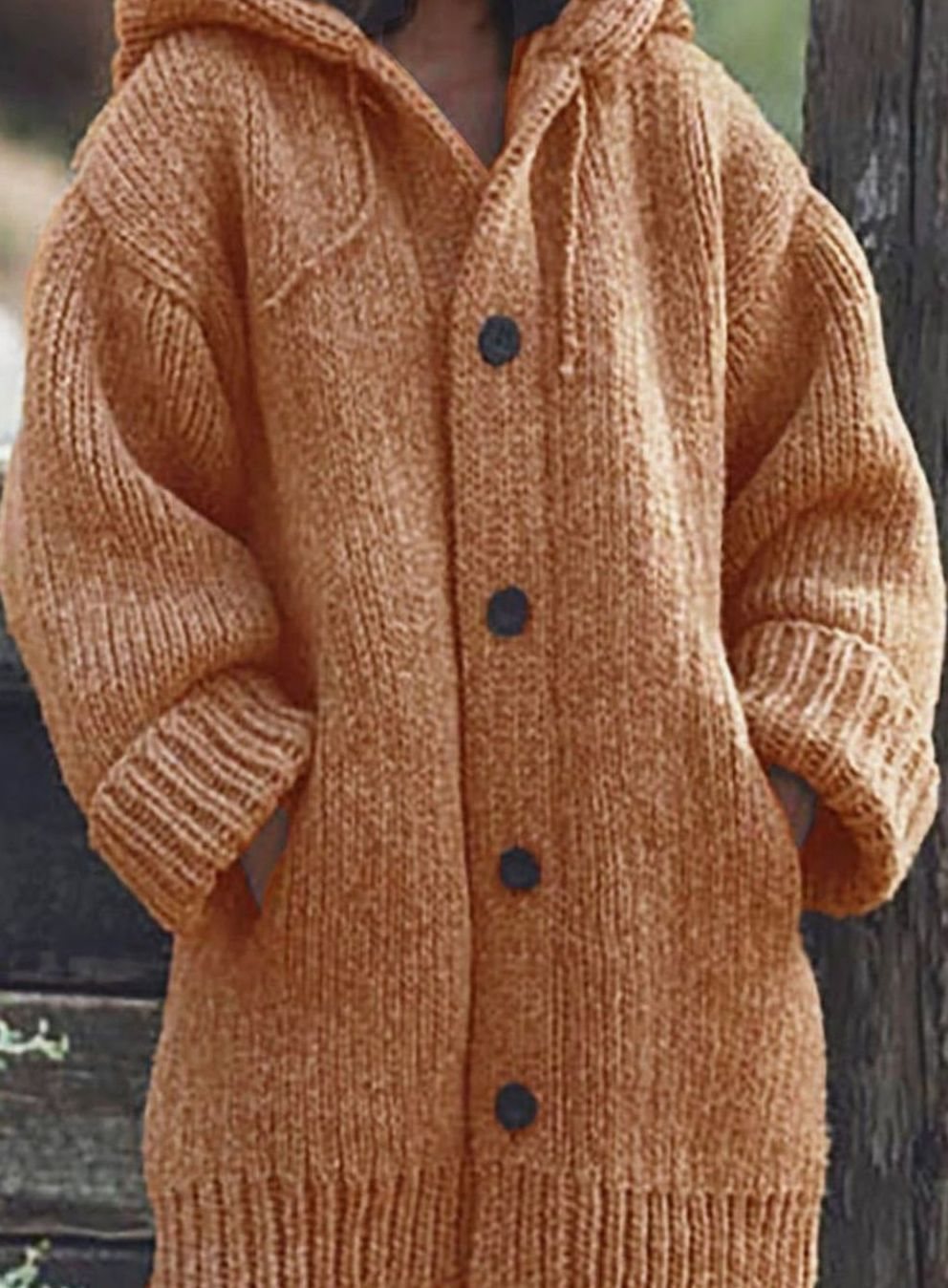 Women's Slouchy Hooded Knit Cardigan with Side Pockets - Orange