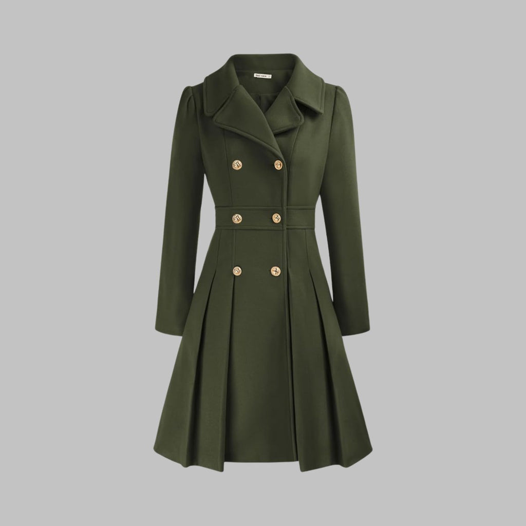 Women's Coat Double-Breasted Pleated A-Line Long Sleeve Overcoat