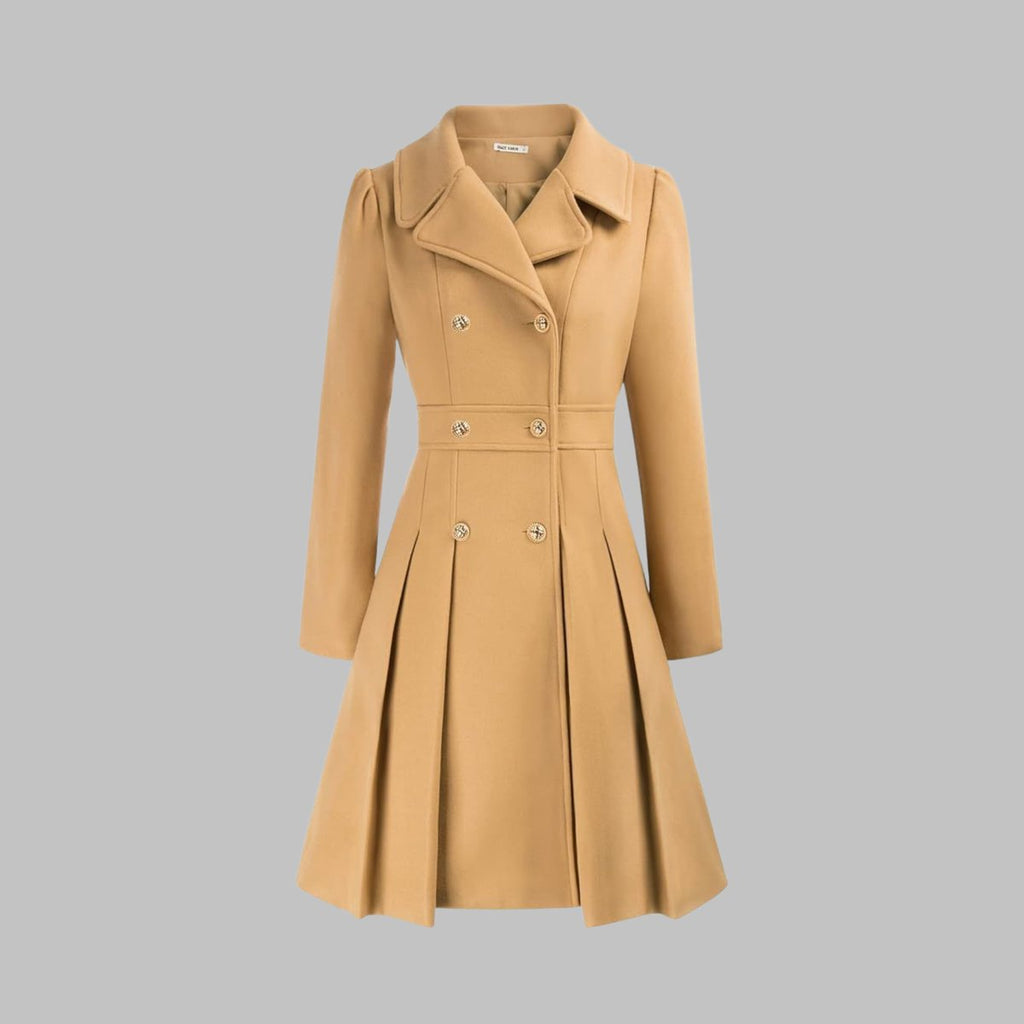 Women's Coat Double-Breasted Pleated A-Line Long Sleeve Overcoat