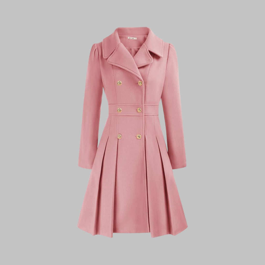 Women's Coat Double-Breasted Pleated A-Line Long Sleeve Overcoat
