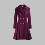 Women's Coat Double-Breasted Pleated A-Line Long Sleeve Overcoat