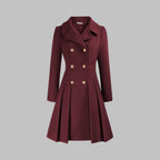Women's Coat Double-Breasted Pleated A-Line Long Sleeve Overcoat