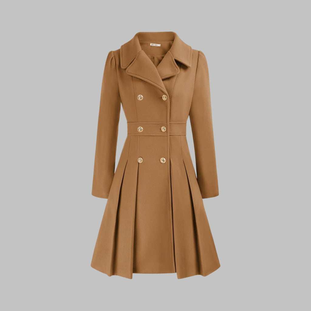 Women's Coat Double-Breasted Pleated A-Line Long Sleeve Overcoat