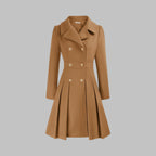 Women's Coat Double-Breasted Pleated A-Line Long Sleeve Overcoat