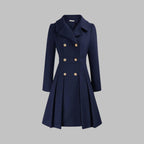 Women's Coat Double-Breasted Pleated A-Line Long Sleeve Overcoat