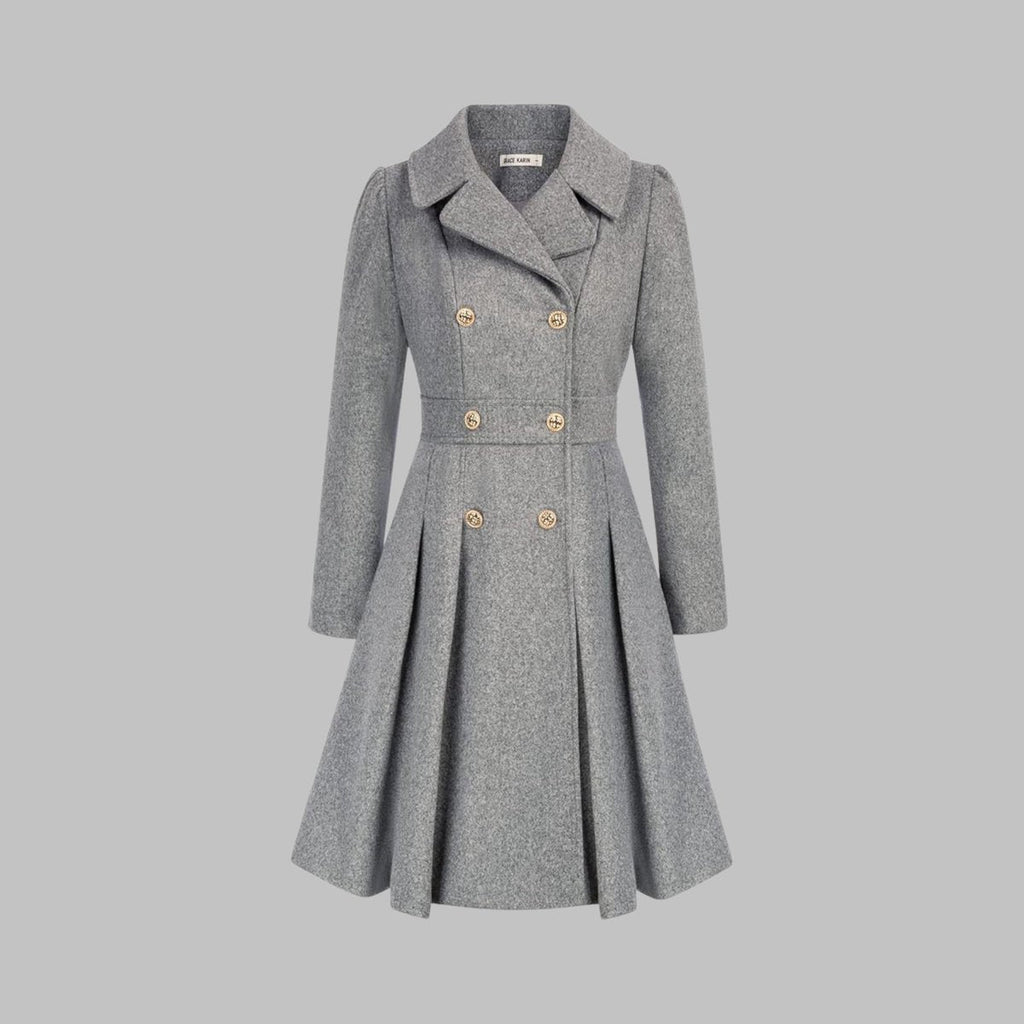 Women's Coat Double-Breasted Pleated A-Line Long Sleeve Overcoat