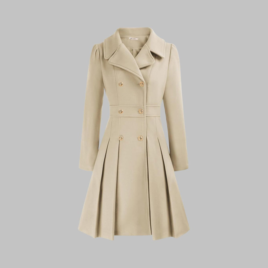 Women's Coat Double-Breasted Pleated A-Line Long Sleeve Overcoat