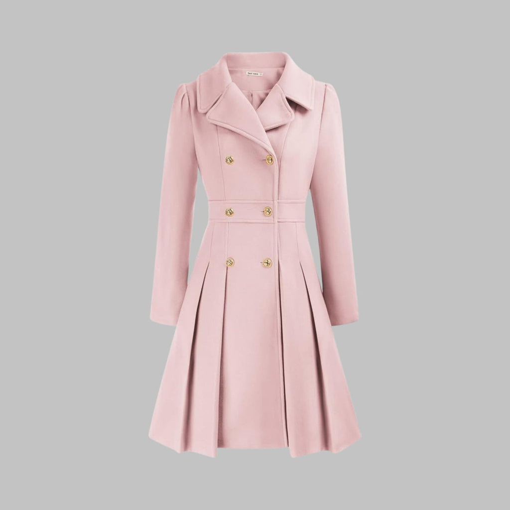 Women's Coat Double-Breasted Pleated A-Line Long Sleeve Overcoat