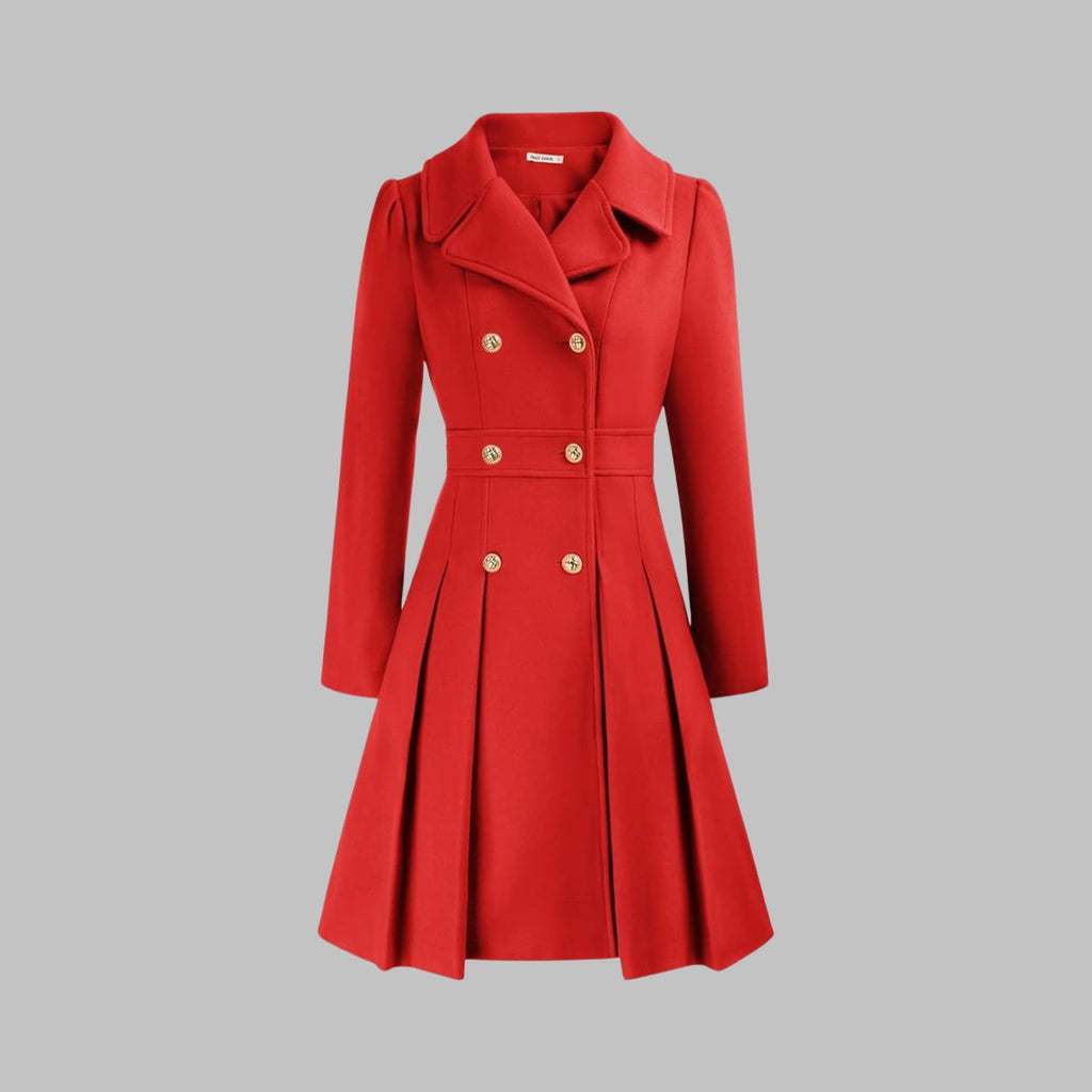 Women's Coat Double-Breasted Pleated A-Line Long Sleeve Overcoat