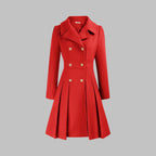 Women's Coat Double-Breasted Pleated A-Line Long Sleeve Overcoat
