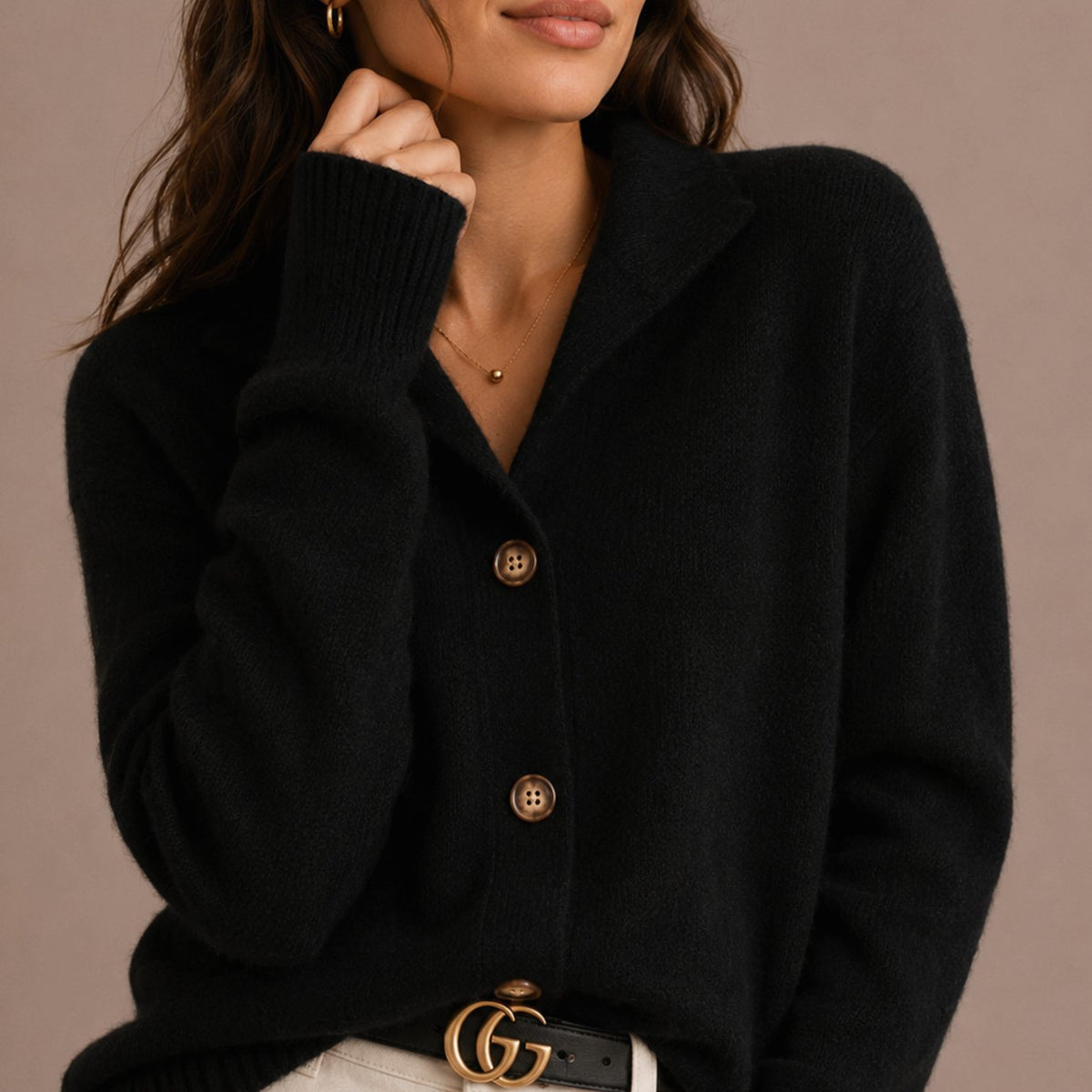 Women's Ribbed Cuff Collared Button-Up Knit Cardigan - Black