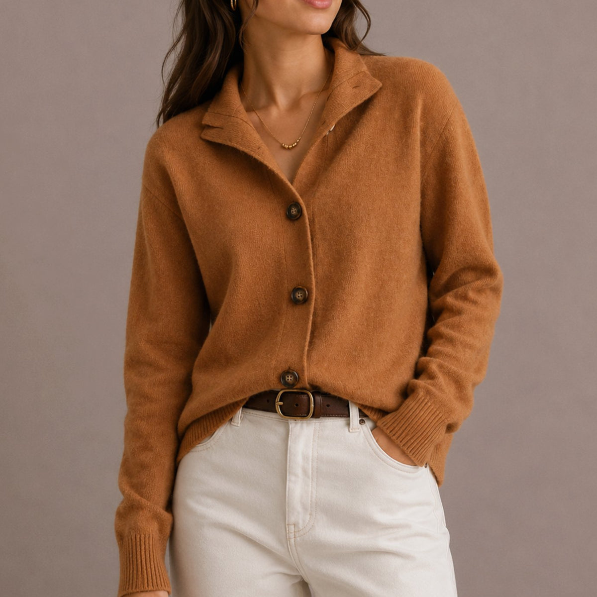 Women's Ribbed Cuff Collared Button-Up Knit Cardigan - Brown