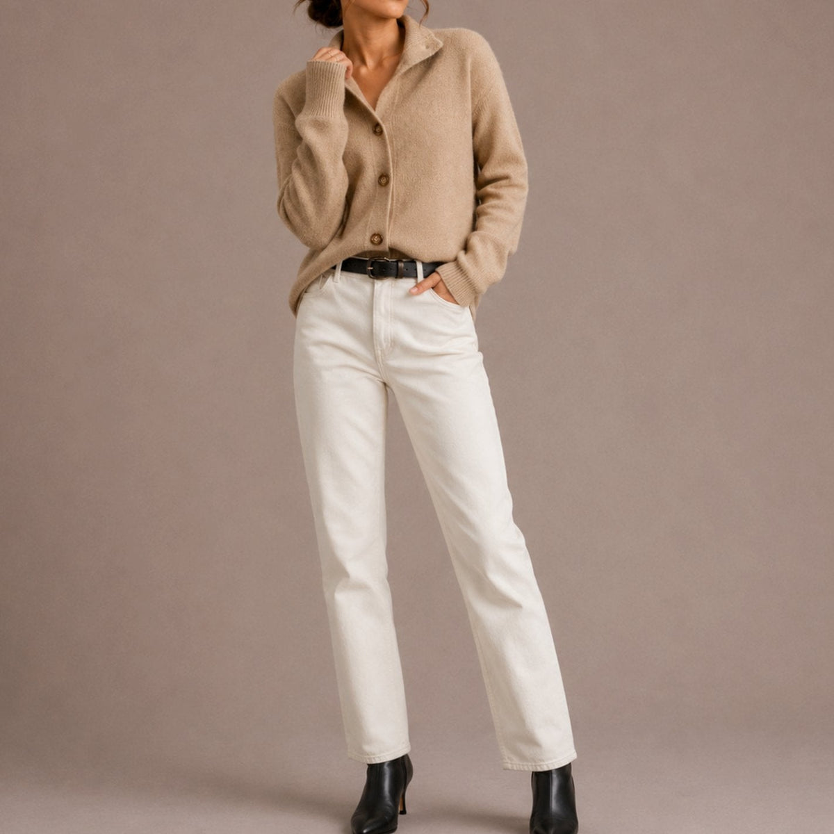 Women's Ribbed Cuff Collared Button-Up Knit Cardigan - Beige