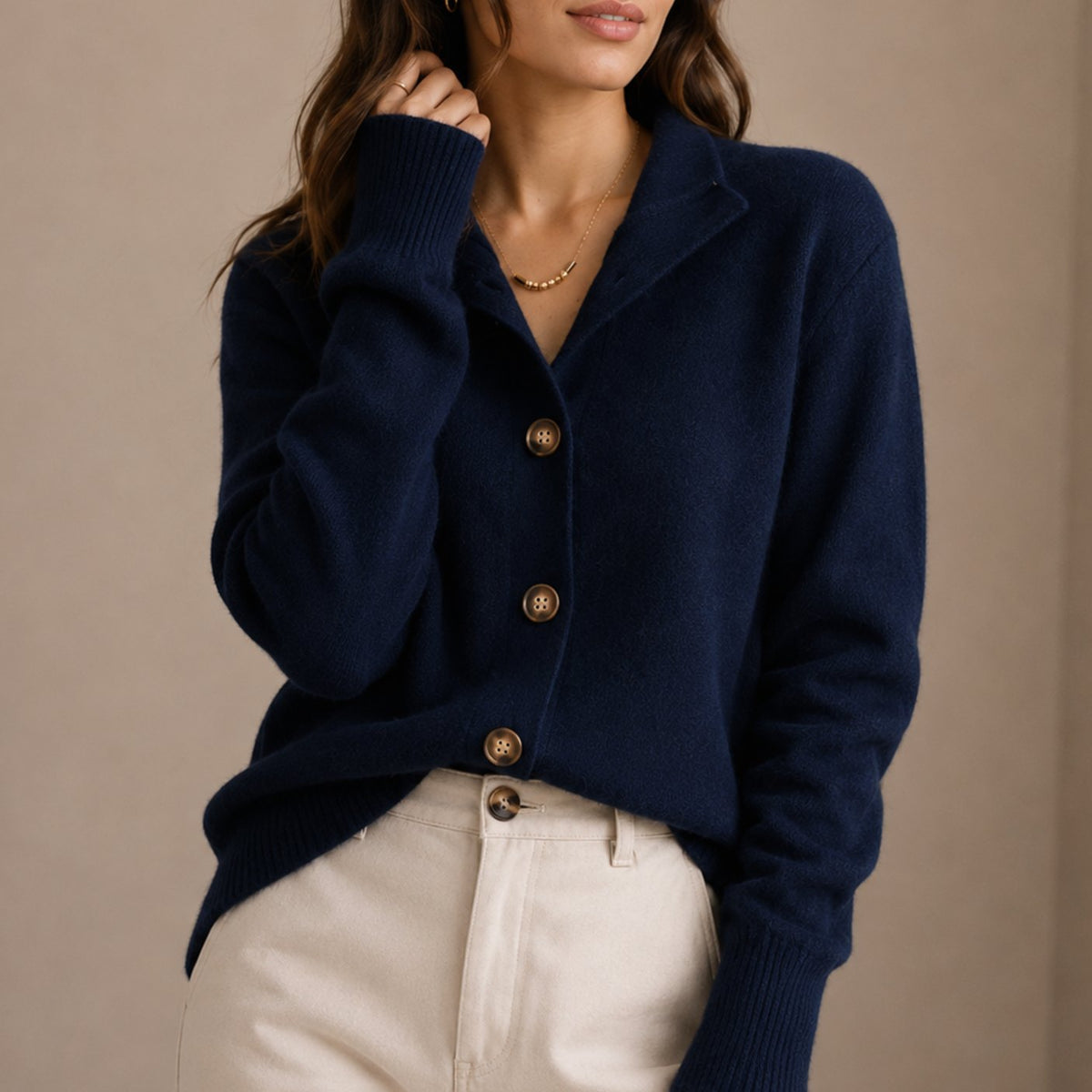 Women's Ribbed Cuff Collared Button-Up Knit Cardigan - Navy