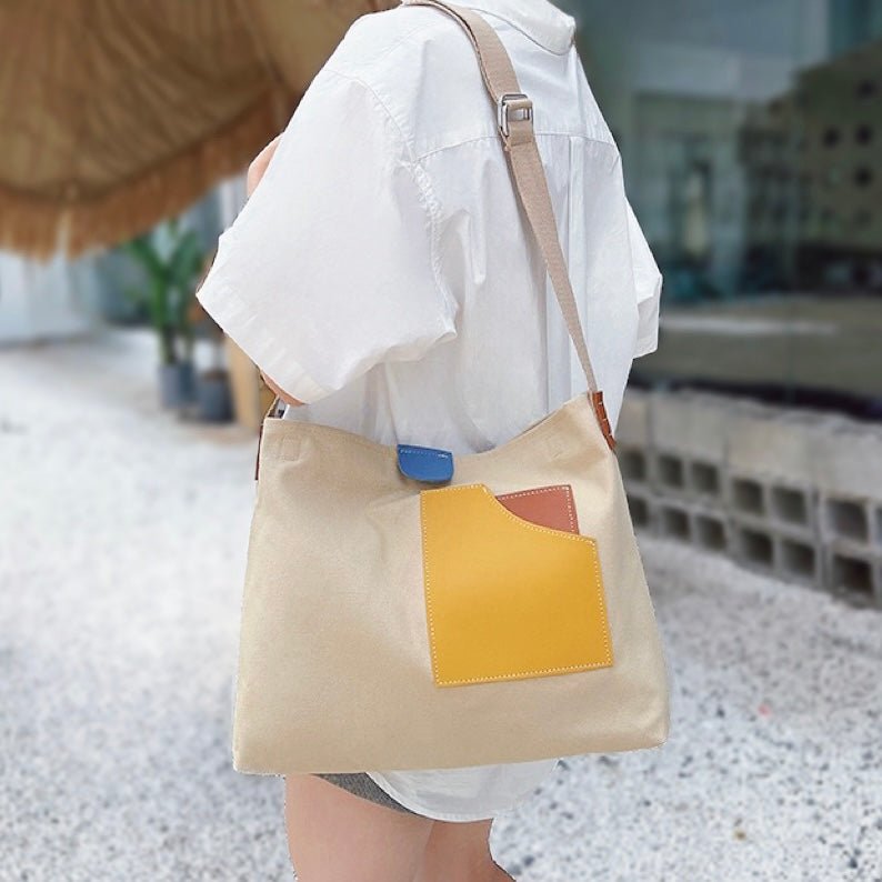 Women's Color Block Canvas Tote Bag PU Leather Pocket
